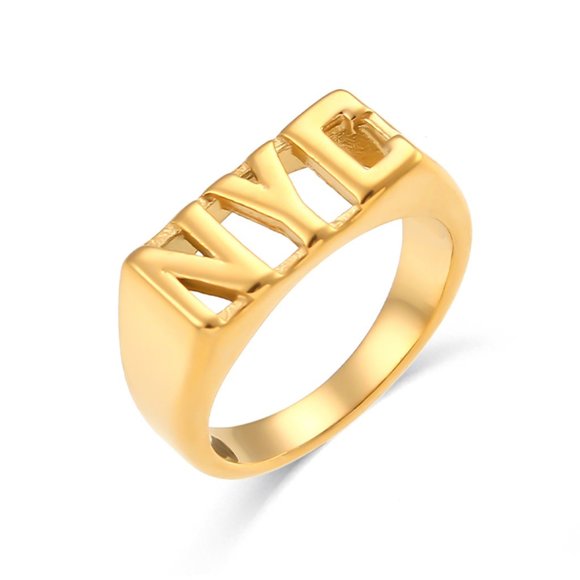 NYC Initial Signet Ring 18K Gold Plated Stainless Steel‎ - Picture 1 of 11